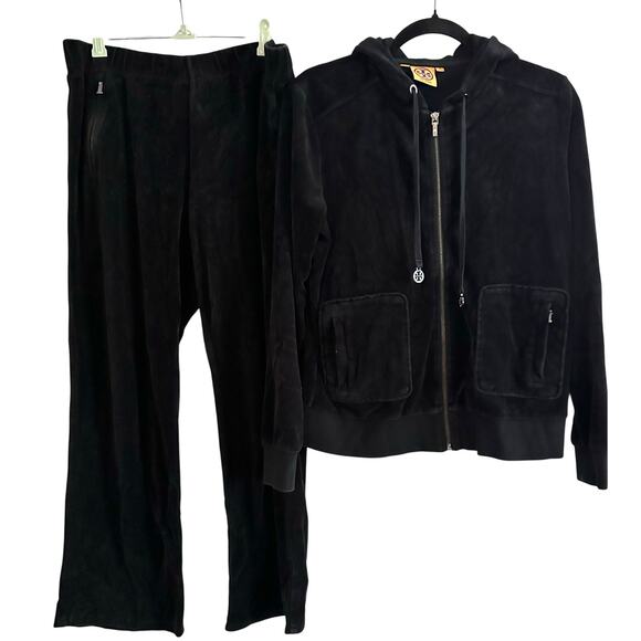 TORY BURCH Black Velour Terry Tracksuit Track Suit Lounge Set Jacket Pants Y2K M - Picture 1 of 5